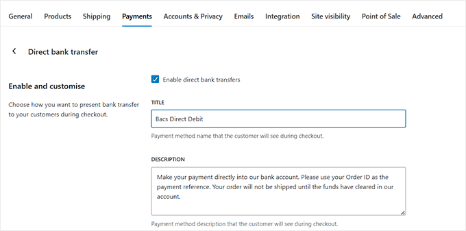 Change title and description for direct bank transfer in WooCommerce Change title and description for direct bank transfer in WooCommerce
