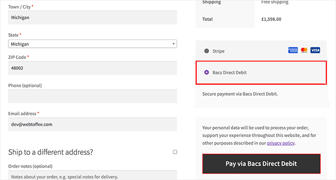 Preview of Bacs direct debit in WooCommerce Preview of Bacs direct debit in WooCommerce
