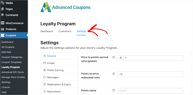 coupons-loyalty-settings The Settings tab in Advanced Coupons