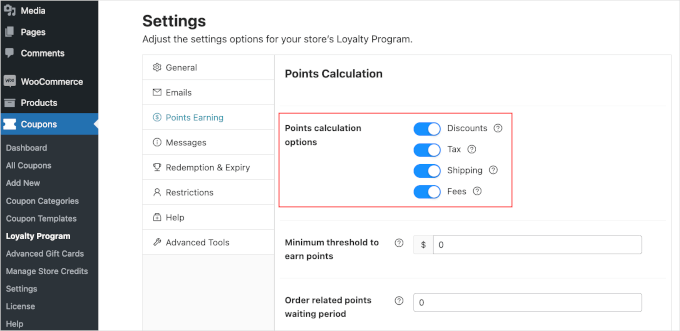 coupons-loyalty-settings-pointsearnings Calculating points in a WooCommerce loyalty program