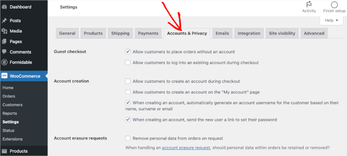 woocommerce-settings-accandprivacy Changing your WooCommerce account settings