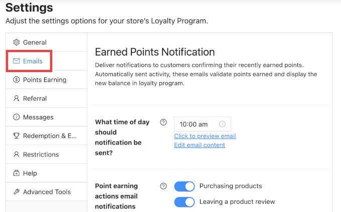 Loyalty program email settings Loyalty program email settings