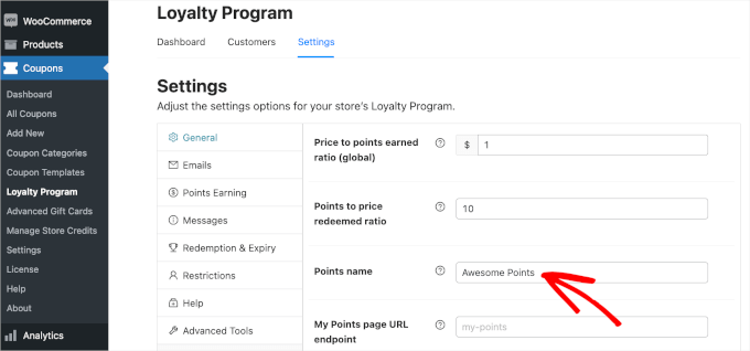 coupons-loyalty-settings-name Changing the name of your WooCommerce loyalty program