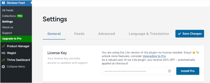 Verifying the Reviews Feed Pro plugin's license key