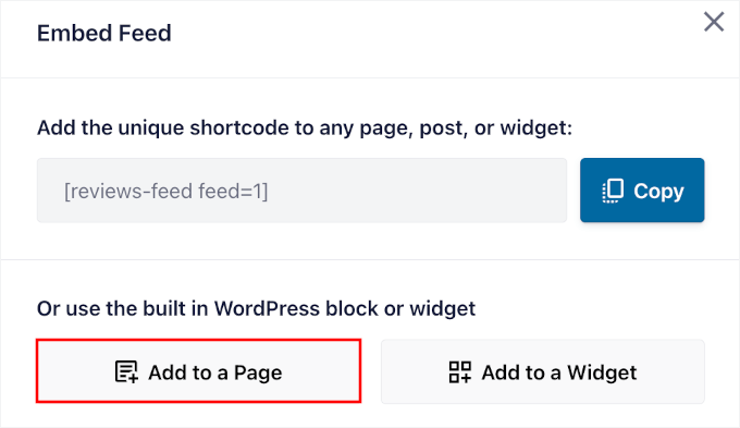 Choosing the Add to a Page option on the Embed Feed popup