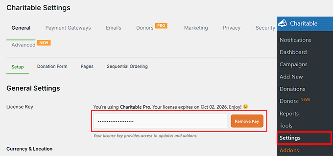Add your Charitable license key in the field Add your Charitable license key in the field
