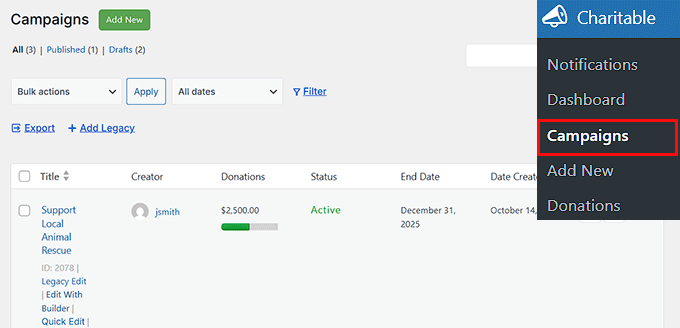 View the Campaigns page in Charitable View the Campaigns page in Charitable