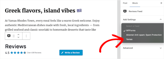 Choosing the TripAdvisor reviews feed to add