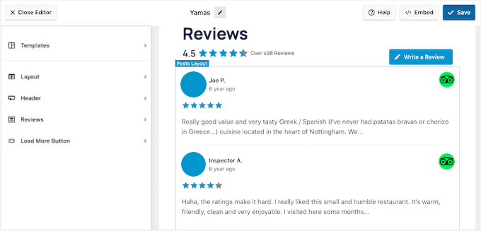 TripAdvisor reviews on the Reviews Feed visual editor