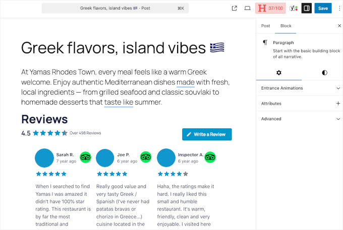 TripAdvisor reviews loaded on the content editor