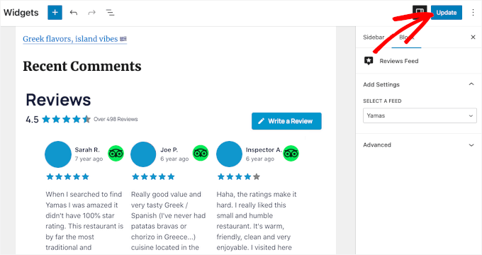 TripAdvisor reviews on the widget management area