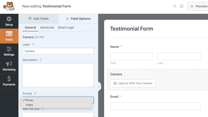 WPForms camera field allows you to choose between video and photo WPForms camera field allows you to choose between video and photo
