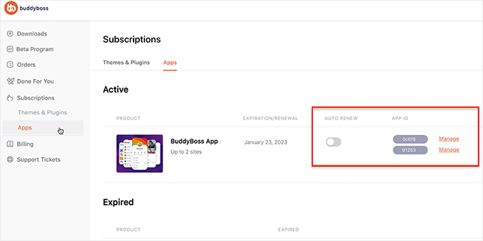 Click the Manage button next to the BuddyBoss app Click the Manage button next to the BuddyBoss app