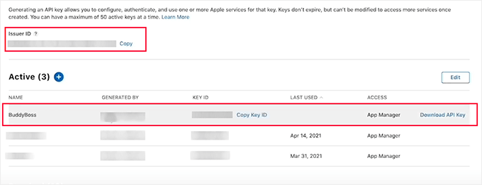 Download Apple API key from account dashboard Download Apple API key from account dashboard