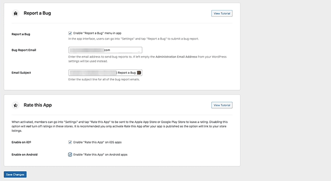 Enable Report a Bug and Rate This App options Enable Report a Bug and Rate This App options