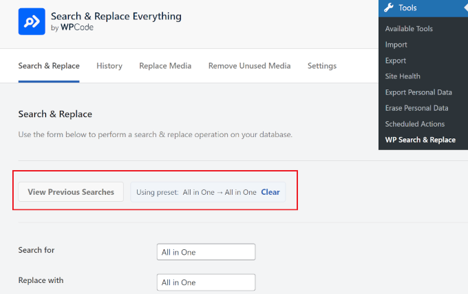 Search & Replace Everything - Previous searches Search & Replace Everything - Previous searches