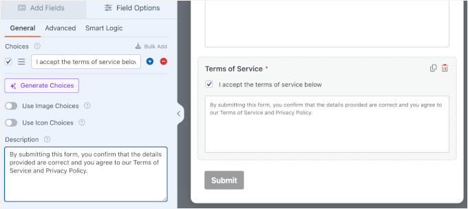 Editing the sample Terms of Service description Editing the sample Terms of Service description