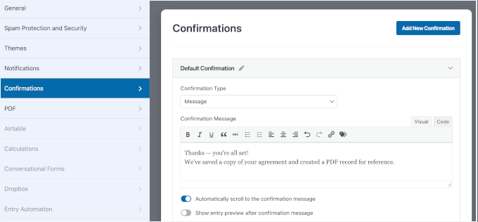 Customizing the form confirmation message Customizing the form confirmation message