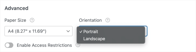 Paper size and orientation settings Paper size and orientation settings