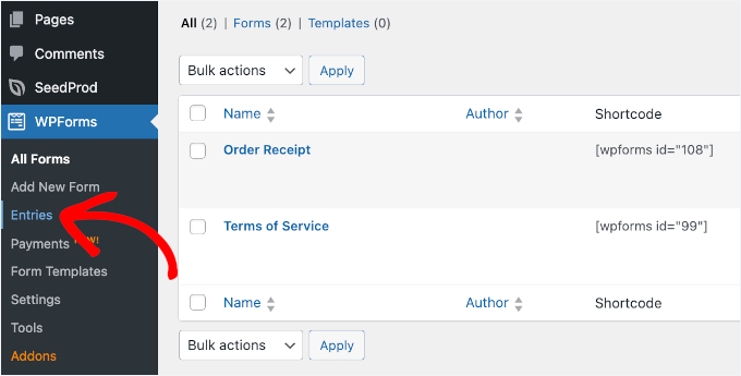 The Entries tab in WPForms The Entries tab in WPForms