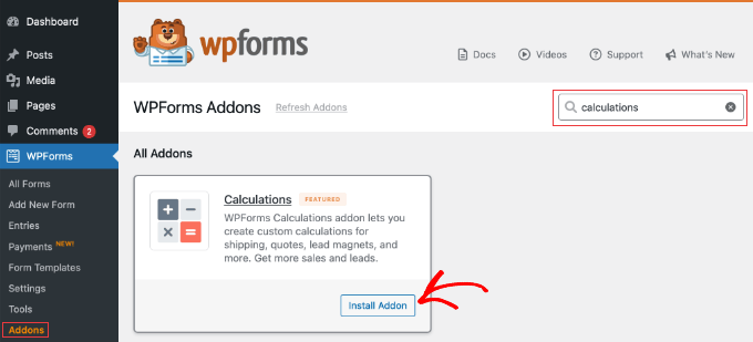 Installing the WPForms Calculations Addon Installing the WPForms Calculations Addon