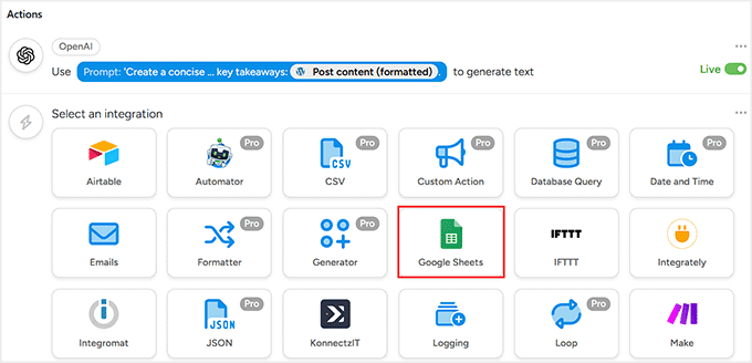 Choose Google Sheets as the second integration in Uncanny Automator Choose Google Sheets as the second integration in Uncanny Automator
