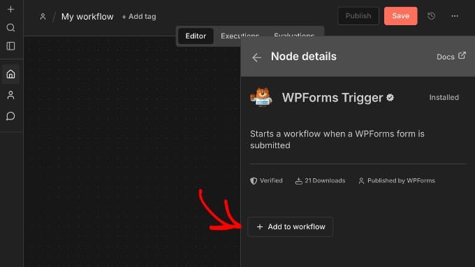 Click the Add to Workflow Button in n8n Click the Add to Workflow Button in n8n