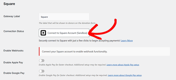 Click Connect to Square account button Click Connect to Square account button