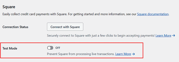 Activate test mode for Square payments in WPForms Activate test mode for Square payments in WPForms