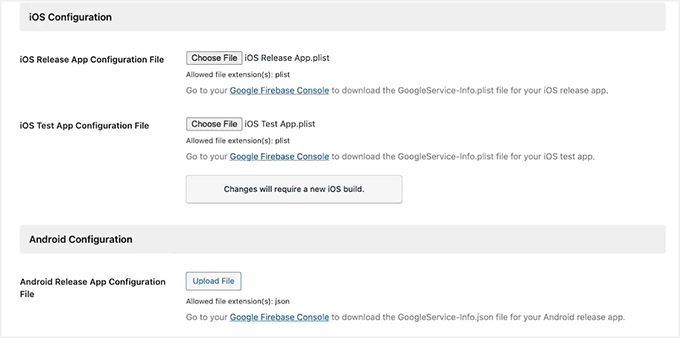 Add android and iOS apps Firebase file in MemberPress AppKit Add android and iOS apps Firebase file in MemberPress AppKit