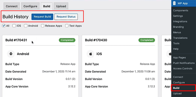 Click the Request Build button in MemberPress AppKit Click the Request Build button in MemberPress AppKit