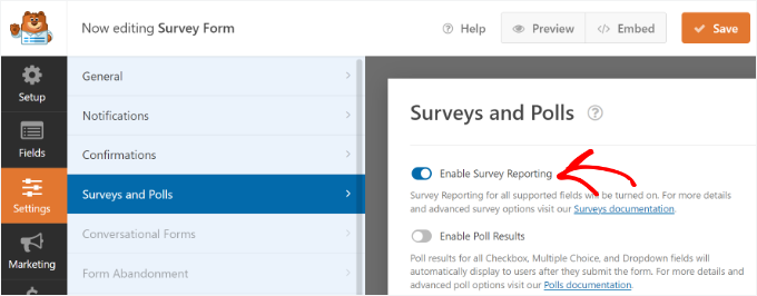 Enable survey reporting option Enable survey reporting option
