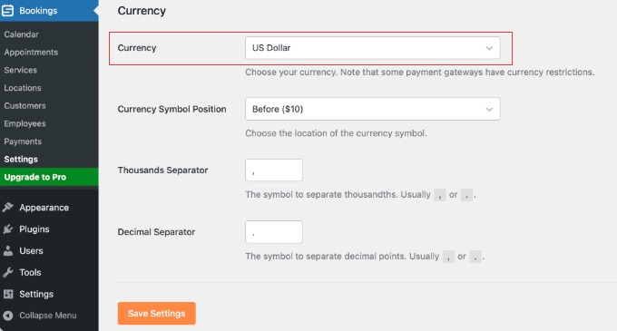 sugarcalendarbookings-currency Choosing Currency in Sugar Calendar Bookings