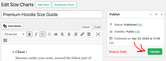 Updating a Size Chart Using Advanced Product Size Charts Pro Updating a Size Chart Using Advanced Product Size Charts Pro