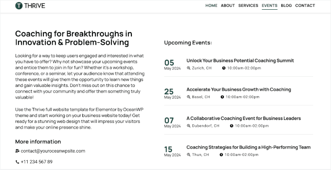Thrive's built-in Events section Thrive's built-in Events section