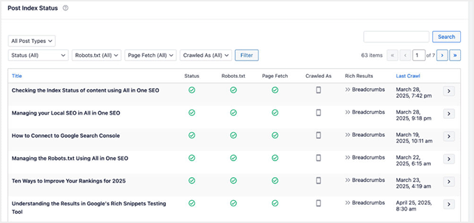 Check index status for posts in AIOSEO Check index status for posts in AIOSEO
