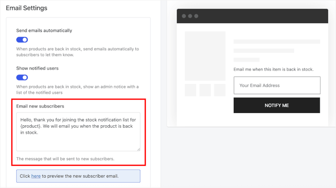 New subscriber email settings New subscriber email settings