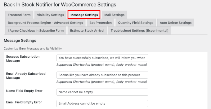 Configuring the instock notifier message settings Configuing the instock notifier message settings