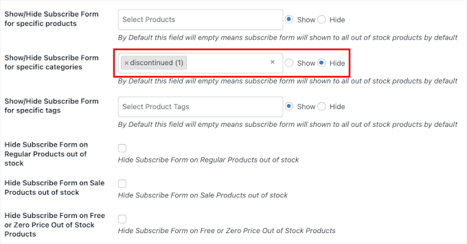 Hiding form from discontinued products Hiding form from discontinued products