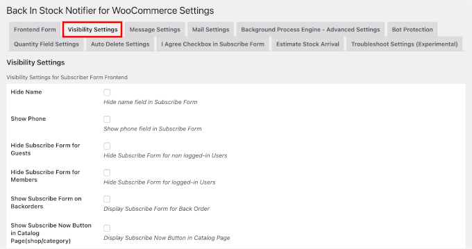Configuring the instock notifier visibility settings Configuing the instock notifier visibility settings