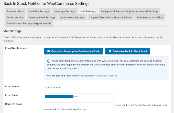 Configuing the instock notifier mail settings Configuing the instock notifier mail settings