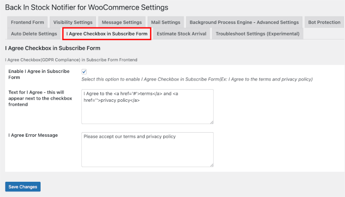 Configuring the instock notifier consent box settings Configuring the instock notifier consent box settings