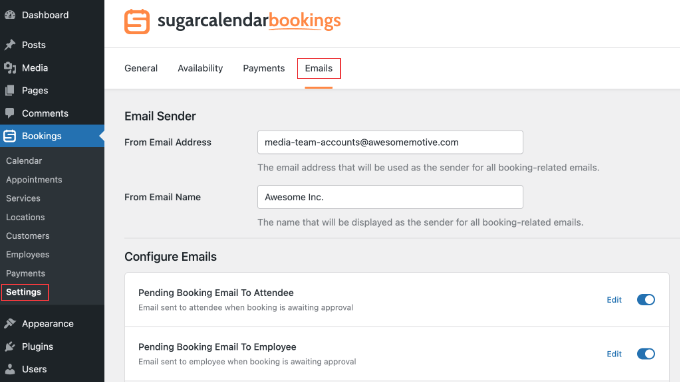 Configuring Email Settings in Sugar Calendar Bookings Configuring Email Settings in Sugar Calendar Bookings