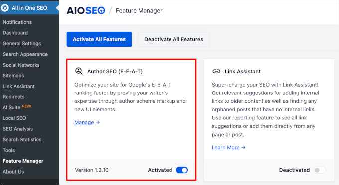 Enabling the Author SEO feature in AIOSEO Enabling the Author SEO feature in AIOSEO
