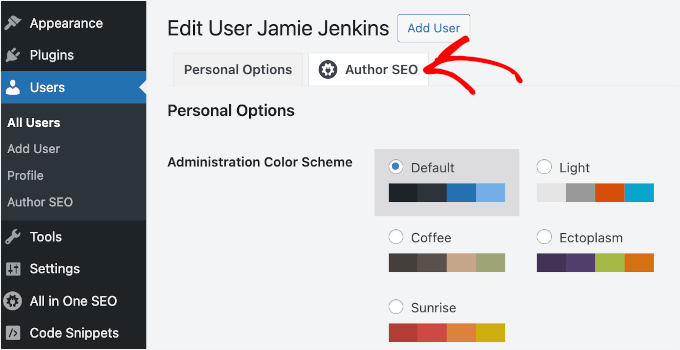 Switching to the Author SEO tab Switching to the Author SEO tab