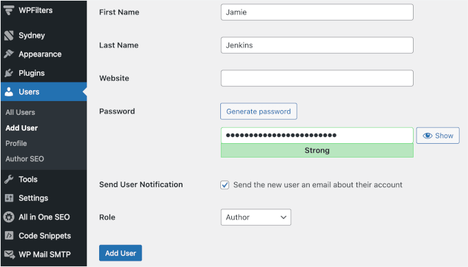 Adding new user's details Adding new user's details