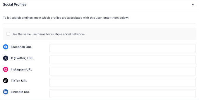 Social Profile section in the Author SEO tab Social Profile section in the Author SEO tab