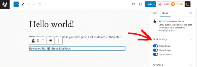 Reviewer name in block editor Reviewer name in block editor