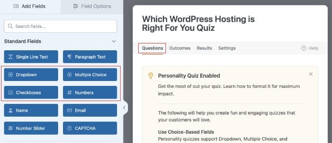 Using the Questions Tab in WPForms to Add Quiz Fields Using the Questions Tab in WPForms to Add Quiz Fields