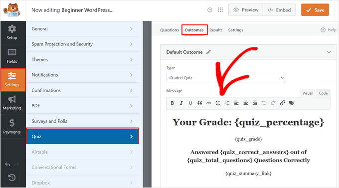 Customize quiz outcome Customize a quiz outcome screen in WPForms